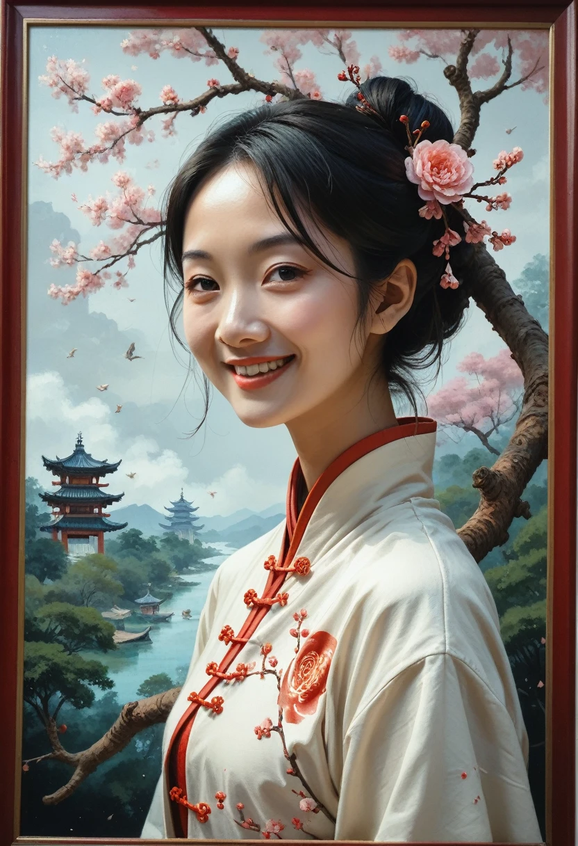 shukezouma, negative space, , shuimobysim , portrait of a woman standing , willow branches, (masterpiece, best quality:1.2), traditional chinese ink painting, modelshoot style, peaceful, (smile), looking at viewer, wearing long hanfu, hanfu, song, willow tree in background, wuchangshuo,