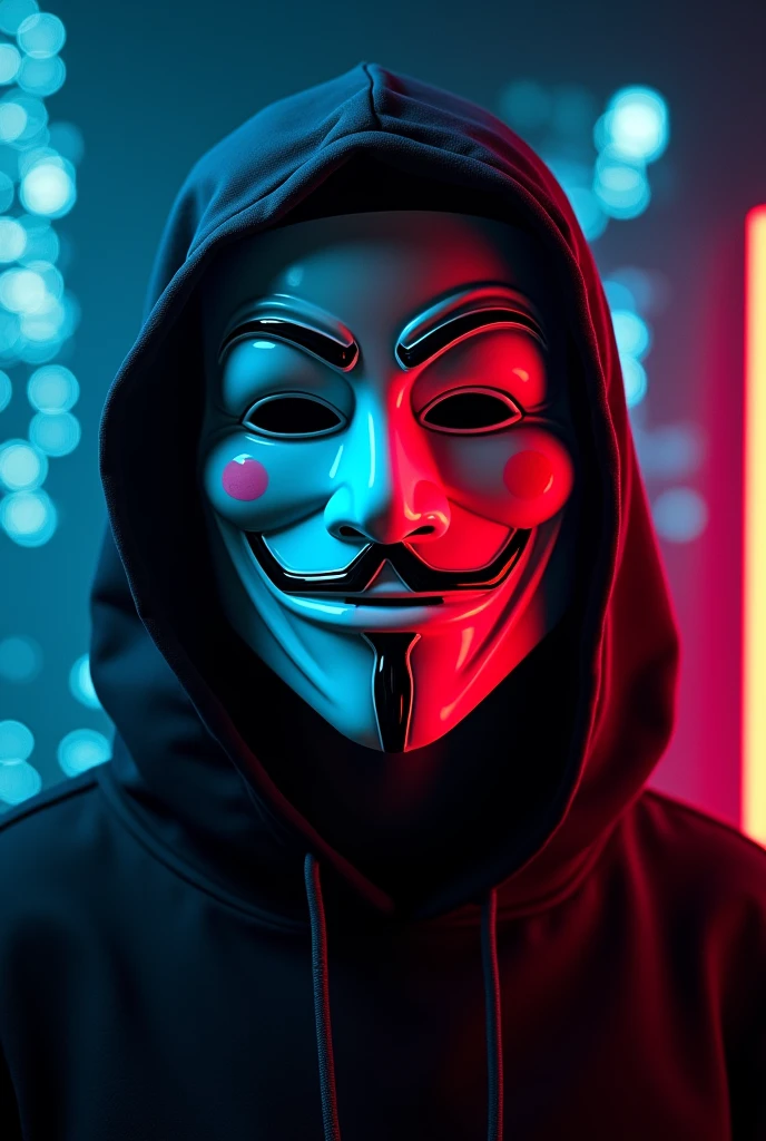 a highly detailed mask of anonymous, V for vendetta mask, neon alpha coders sign, dark background with computer code fragments, vibrant neon colors, photorealistic, cinematic lighting, 8k, best quality, hyper realistic, intricate details, dramatic shadows, moody atmosphere, cinematic perspective