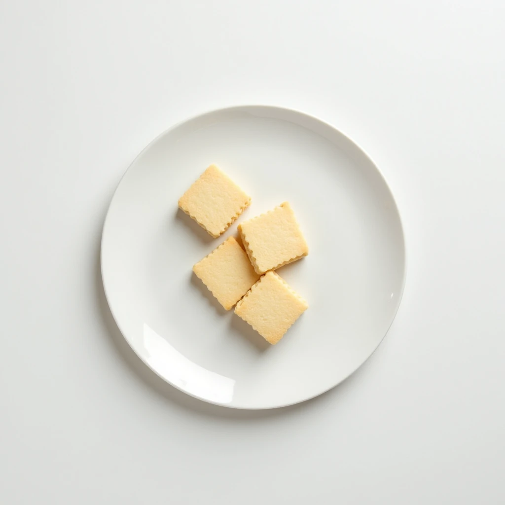 "Top-down angle focusing on a patternless white plate with neatly arranged square sablé cookies on a patternless white table."