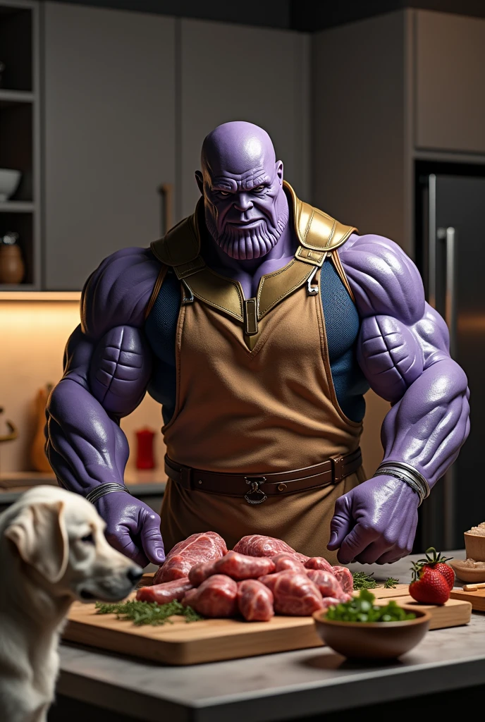(best quality,photography), Thanos preparing mutton and chicken item and female labrador dog sitting by his side