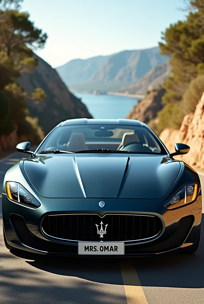 Create a maserrati with plate number written Mrs. Omar