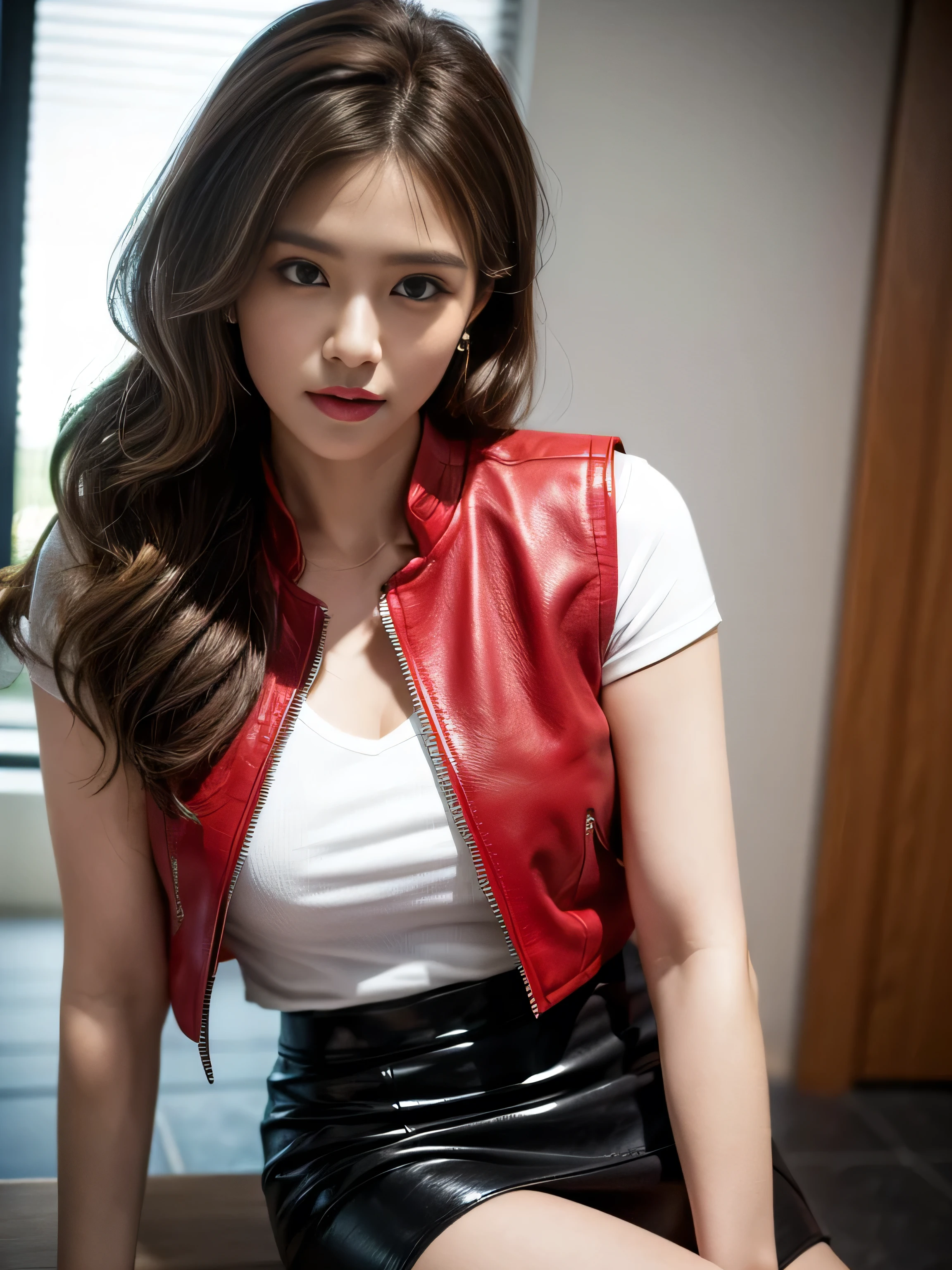 a girl, 1, (wearing a break white shirt:1.3), (red short leather vest:1.3), (black leather miniskirt:1.3), (pencil skirt:1.3), (Shallow slit:1.3), (black high heels:1.3), big round breast, ((updo hairstyle, Dark blonde hair, wavy hair, long hair:1.3)), (photorealistic:1.2), (ultra realistic:1.3), (very detailed:1.1), ((masterpiece)), (Hand Details:1.3), at night, Siam Square, depth of field, super close up.
