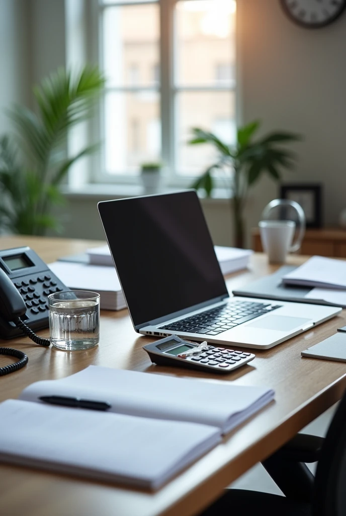 Un bureau avec des matériels comme : un laptop, des beaux stylos, des livres, des cahiers, des dossiers, un calculatrice, un vers d'eau, une horloge et in téléphone pour un vérificateur internet d'une entreprise de commerce