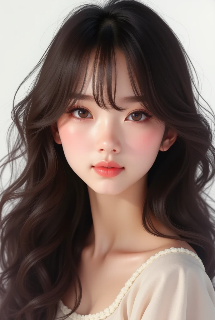 Feminine face with soft wavy bangs and dark brown hair。Long hair、In the flowing soft waves、Give a friendly and approachable impression。Background is white。Asian Face。