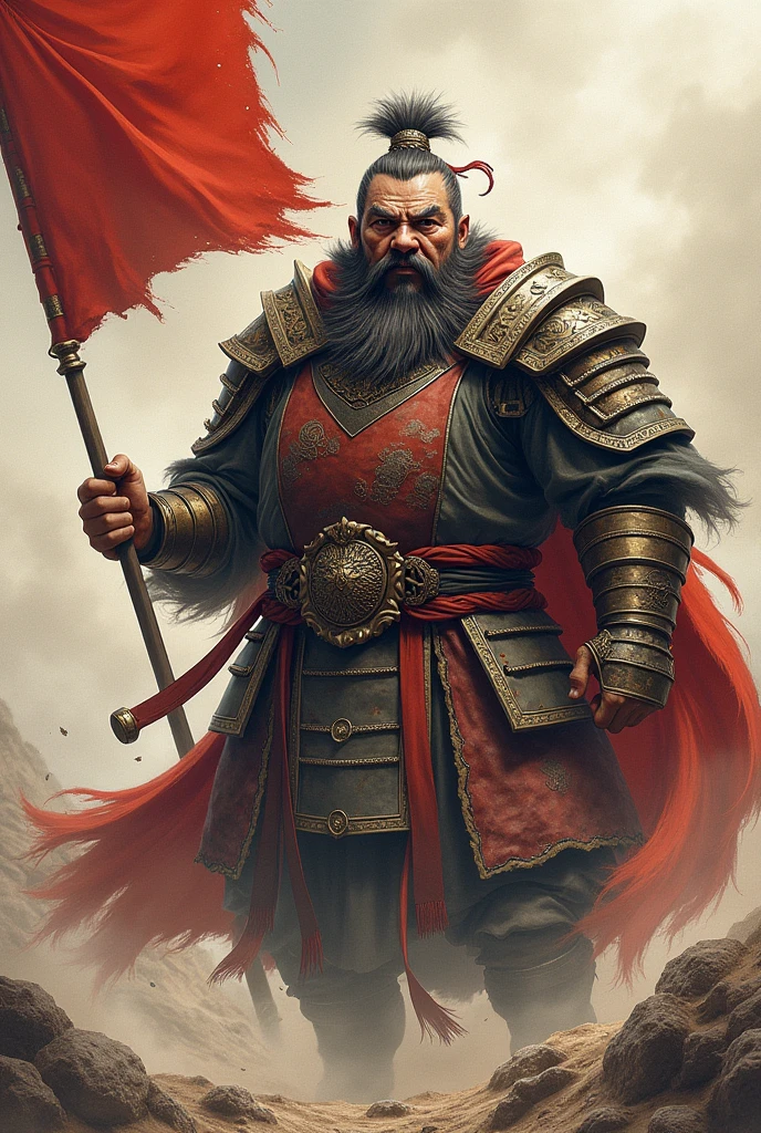 Spring and Autumn Warring States Period,Three Kingdoms,ancient China,Military commander,Veteran General,Daruma-like face,Tiger-like whiskers,It is threatening with a loud voice with its mouth wide open.,A disadvantageous and adverse battlefield,Muscle々He has a big build and a lot of arm hair.,Noble ornamental flag,Armor with broken shoulder pads,zhangfei,Dianwei,Xu Xu,Watercolor,Ink Painting,A luxurious hood that completely covers the topknot,Crown cap,Bird hats,Medieval helm with no visible hair,Chinese helmet covering the hair,