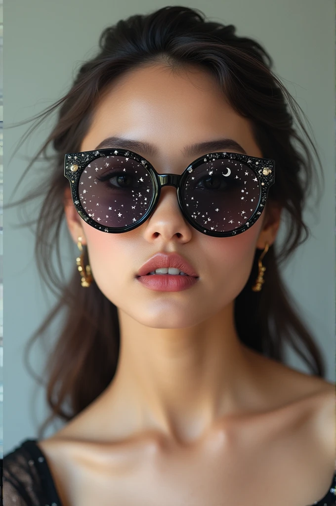 The model is wearing glass sunglasses with stars and the moon on the glass