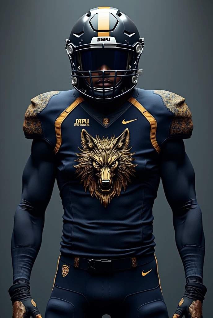 Black and dark blue football uniform with gold details wolf logo