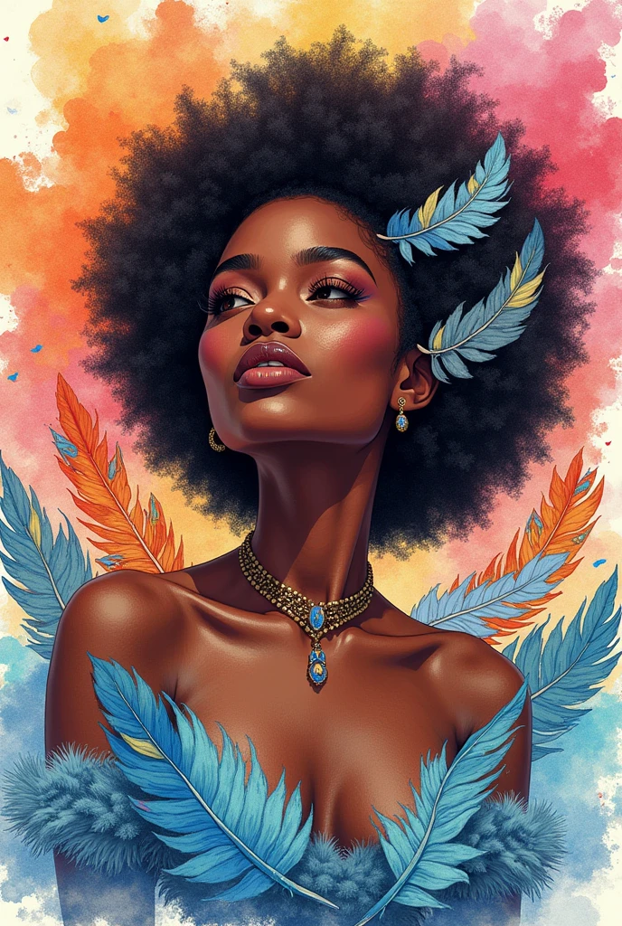a painting of a woman with a colorful angel wings on her head, rossdraws | afrofuturism, artgerm julie bell beeple, beautiful digital artwork, stunning digital illustration, dark skin female goddess of love, rossdraws cartoon vibrant, gorgeous digital painting, exquisite digital illustration, afrofuturism, beautiful digital illustration, rossdraws 1. 0