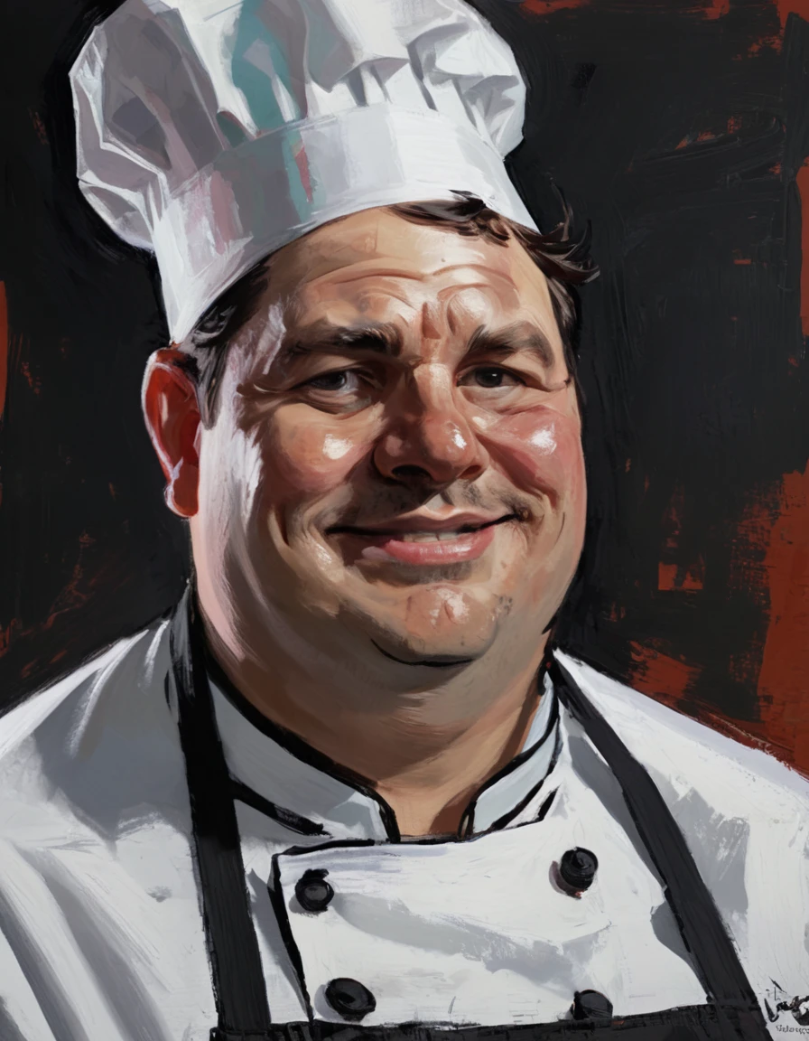 A chubby man, chef cooking hamburgers, portrait, masculine, abstract painting, (best quality,4k,8k,highres,masterpiece:1.2),ultra-detailed,(realistic,photorealistic,photo-realistic:1.37),male,chef uniform,cooking hamburgers,muscular,rugged facial features,intense gaze,dramatic lighting,bold colors,thick brushstrokes,textured background,dynamic composition,abstract expressionism