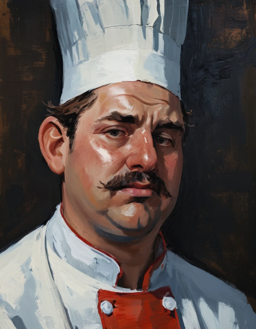 A chubby man, chef cooking hamburgers, portrait, masculine, abstract painting, (best quality,4k,8k,highres,masterpiece:1.2),ultra-detailed,(realistic,photorealistic,photo-realistic:1.37),male,chef uniform,cooking hamburgers,muscular,rugged facial features,intense gaze,dramatic lighting,bold colors,thick brushstrokes,textured background,dynamic composition,abstract expressionism