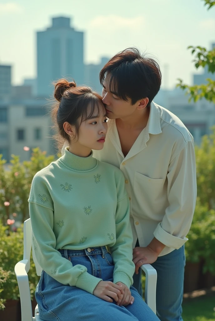 a beautiful japanese woman with messy bun highlighted brown hair, turtle neck light green ((floral print)) inner top and blue jeans skirt, the woman is is sitting on the white garden chair in a rooftop garden, roses vines, the woman's face was sulky and the man persuaded her, he is standing behind the woman kiss her cheek from behind. the man is handsome japanese man wearing loose white shirt and jeans. particles and nice lighting, UHD, HDR, 8k, Masterpiece, close up, realistic, hyper realisitc, over shoulder shot, woman is facing camera, focus on her sulky face.