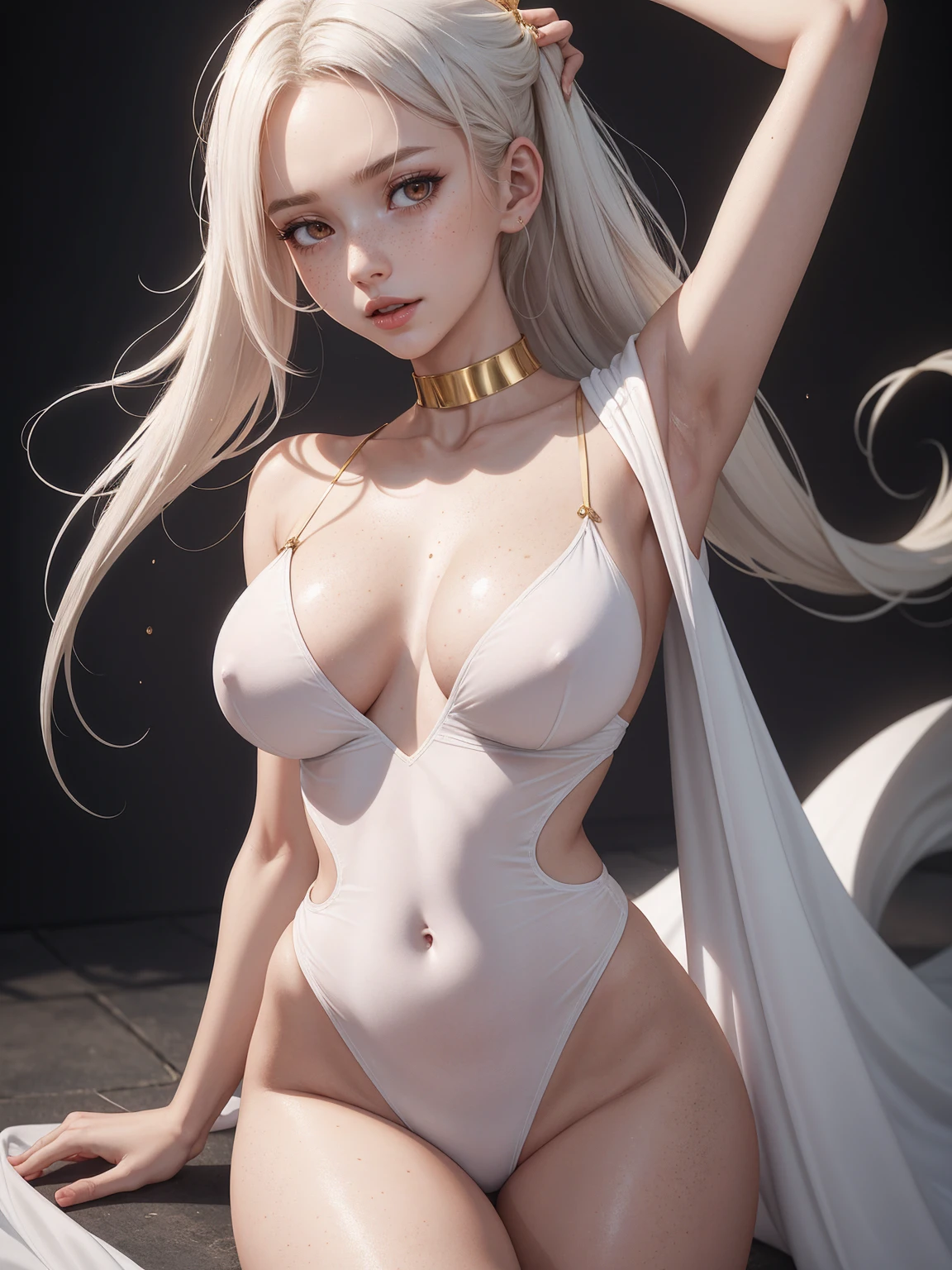 (whole body:1.5),octane rendering, 8K, best quality, masterpiece, illustration, extremely delicate and beautiful, detailed,extremely detailed,CG,Unite,wallpaper,Astonishing, fine details, realistic art: 1.2 ,masterpiece, best quality, official art, extremely detailed CG Unite 8K wallpaper,1 girl, , stretching pose, at a minimalist white palace ,wet clothes, wearing short tight white dress and metal collar on neck, at night, skinny body, seductive facial expression,, wide open eyes, gold eyes, white hair, trendy hair style, red lipstick, red cheeks ,pretty symetrical face, shiny wet skin, oiled skin, dark brown skin, lots of freckles, pale complexion, thin waist, narrow hips, long legs, skinny body, large breasts, looking up,, Realistic photos, (hiqcgbody) ,perfect female figure
