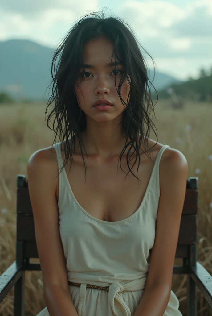 Super pretty 1 Philippines Girl, look at viewer, cloud, day, sky, outdoors, post-apocalypse, ruins, scenery, tree, water, Highly detailed character design, cute detailed digital art, beautiful digital illustration, high quality portrait, (wet hair, shoulder-length hair, wavy-messy hair), sitting on a chair, ???'s bedroom interior, thin makeup, wardrobe extra-long oversized big tank-top shirt white, big and long shirts, only tank-top, ((no bra, no pants, no shorts, no underwear)), ((natural medium breasts, smooth nipples pokies)), full body shot, chromatic aberration abuse, dithering, UHD, retina, masterpiece, 16k