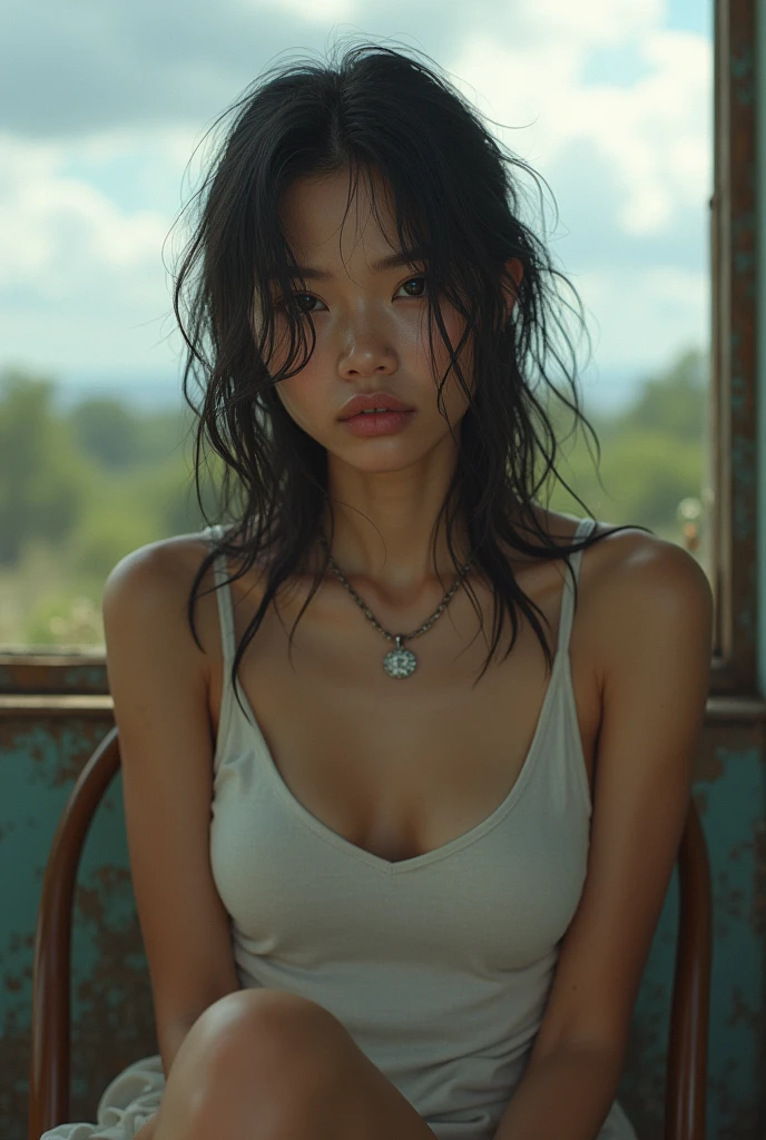 Super pretty 1 Philippines Girl, look at viewer, cloud, day, sky, outdoors, post-apocalypse, ruins, scenery, tree, water, Highly detailed character design, cute detailed digital art, beautiful digital illustration, high quality portrait, (wet hair, shoulder-length hair, wavy-messy hair), sitting on a chair, ???'s bedroom interior, thin makeup, wardrobe extra-long oversized big tank-top shirt white, big and long shirts, only tank-top, ((no bra, no pants, no shorts, no underwear)), ((natural medium breasts, smooth nipples pokies)), full body shot, chromatic aberration abuse, dithering, UHD, retina, masterpiece, 16k
