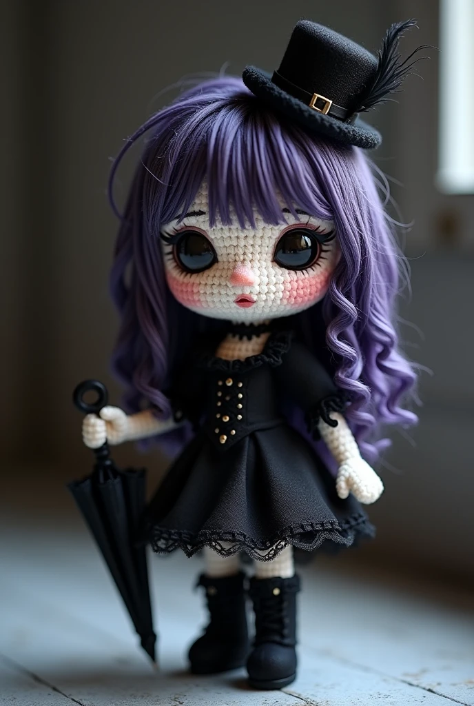 Amigurumi, chibi-style , a girl, in a gothic-inspired black dress with lace trim, a corset-style bodice, and high lace-up boots. She has long, dark purple hair styled in loose waves with a small black top hat adorned with a feather. She’s holding a tiny black parasol and has a mysterious, elegant look.