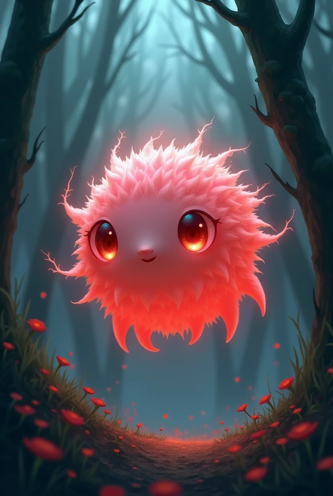 Soul eater soul, round, no legs, soul eater art style, made of soul, soft red aura, adorable, semi realistic, ghibli, princess mononoke, spirit, excited eyes,