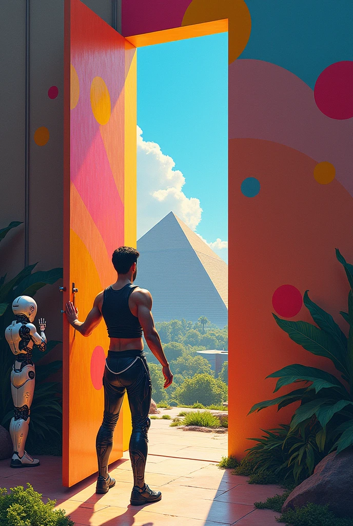Un homme avec des vêtements futuristes pousse des deux mains des portes futuristes  avec des figures géométriques de couleurs différentes sur la porte et devant lui une pyramide avec de l'herbe et des animaux ,le tout ressemblent à la peinture que j'ai publié et un robot et à côté devant une des portes. 