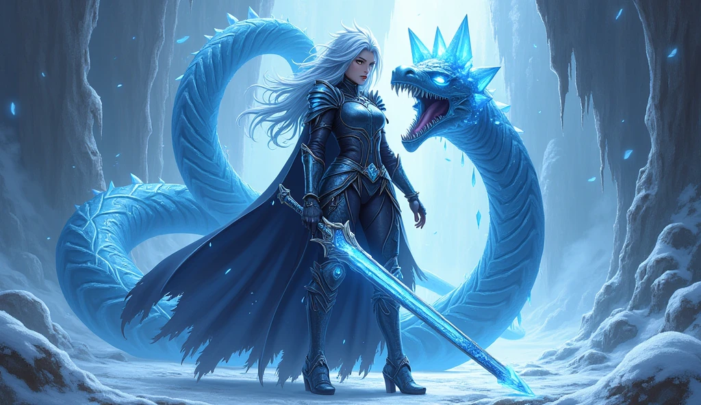 Cryo Claymore user with long, spiky icy blue hair and golden eyes. She stands confidently at the entrance to the frozen dungeon of Dragonspine., holding a glowing, ice claymore. She is dressed in dark armor with silver and blue accents., and a torn cloak, fluttering in the icy wind. Lucius writhes around her., a huge ice snake with glowing blue eyes. Jagged ice formations and a storm are visible in the background., snowy sky. A cold blue light illuminates Callisto and Lucius, with shining cryo-crystals, adding a magical effect.