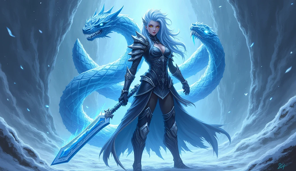 Cryo Claymore user with long, spiky icy blue hair and golden eyes. She stands confidently at the entrance to the frozen dungeon of Dragonspine., holding a glowing, ice claymore. She is dressed in dark armor with silver and blue accents., and a torn cloak, fluttering in the icy wind. Lucius writhes around her., a huge ice snake with glowing blue eyes. Jagged ice formations and a storm are visible in the background., snowy sky. A cold blue light illuminates Callisto and Lucius, with shining cryo-crystals, adding a magical effect.