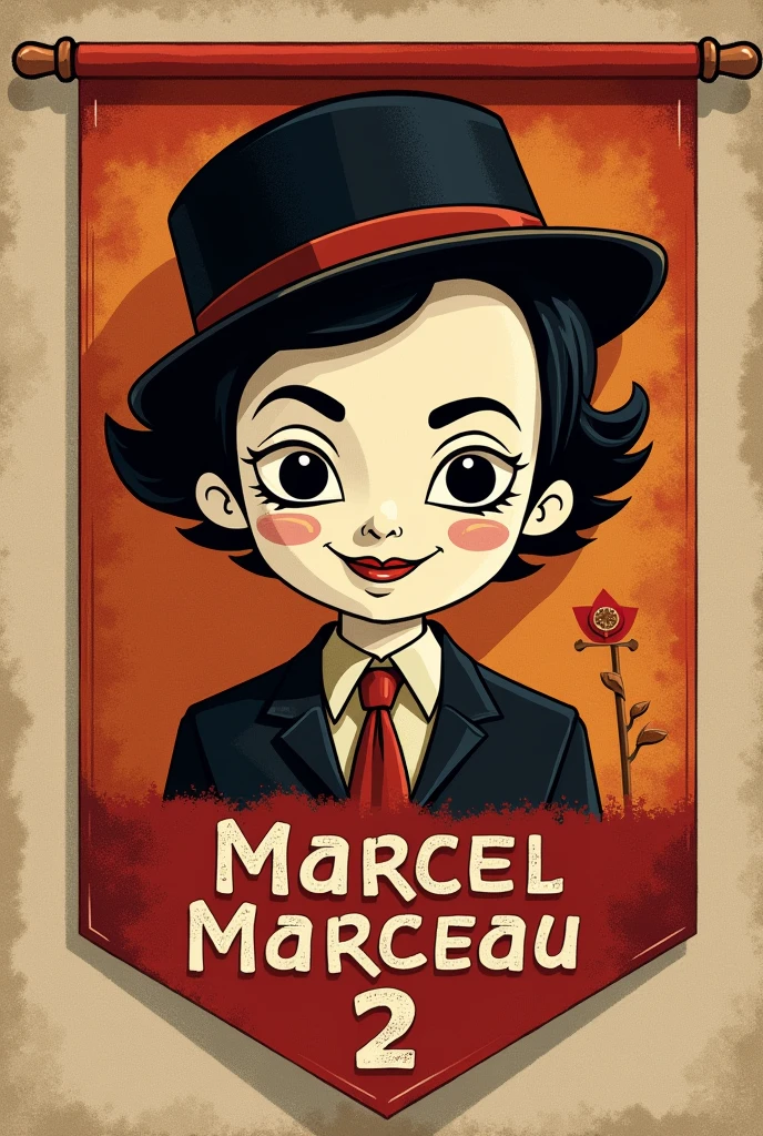 Create an image for a Scout pennant with the name Marcel Marceau (that has something representative of it) and that contains written group 2 in Spanish
