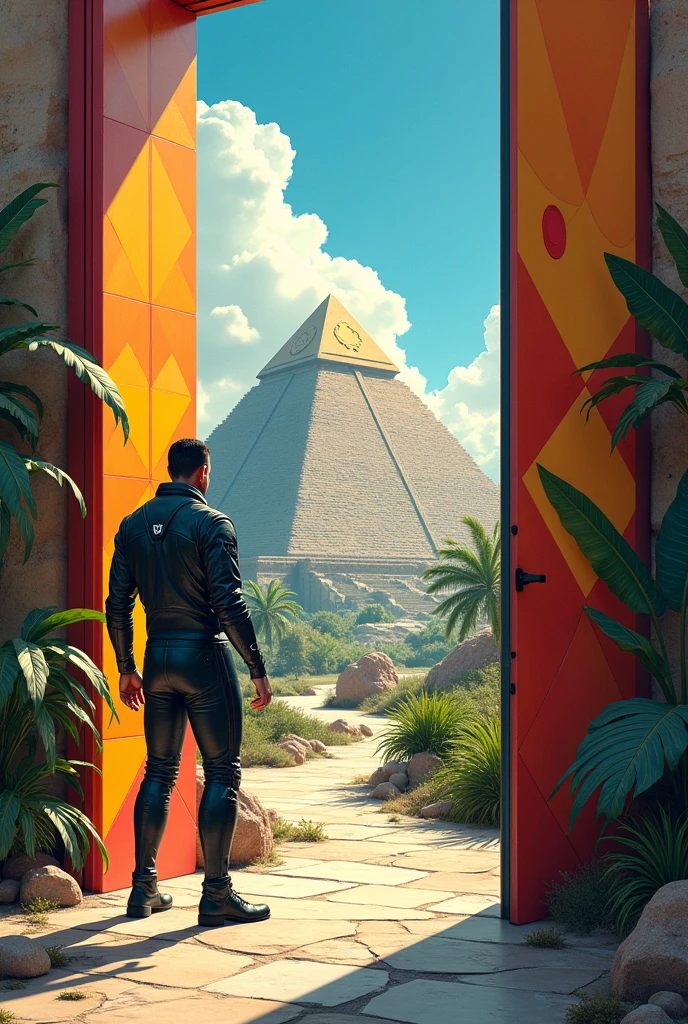 Un homme avec des vêtements futuristes pousse des deux mains des portes futuristes avec des figures géométriques de couleurs différentes sur la porte et devant lui une pyramide avec de l'herbe et des animaux ,le tout ressemblent à la peinture que j'ai publié et un robot et à côté devant une des portes.