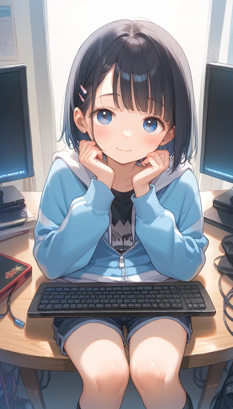 score_9, score_8_up, score_7_up, source_アニメ, (masterpiece), best quality, expressive eyes, perfect eyes, perfect face, best qualityer: 1.0), (super high resolution: 1.0),  アニメ, short black hair, blue colored eyes, sitting in front of the computer playing, background in the esports room,