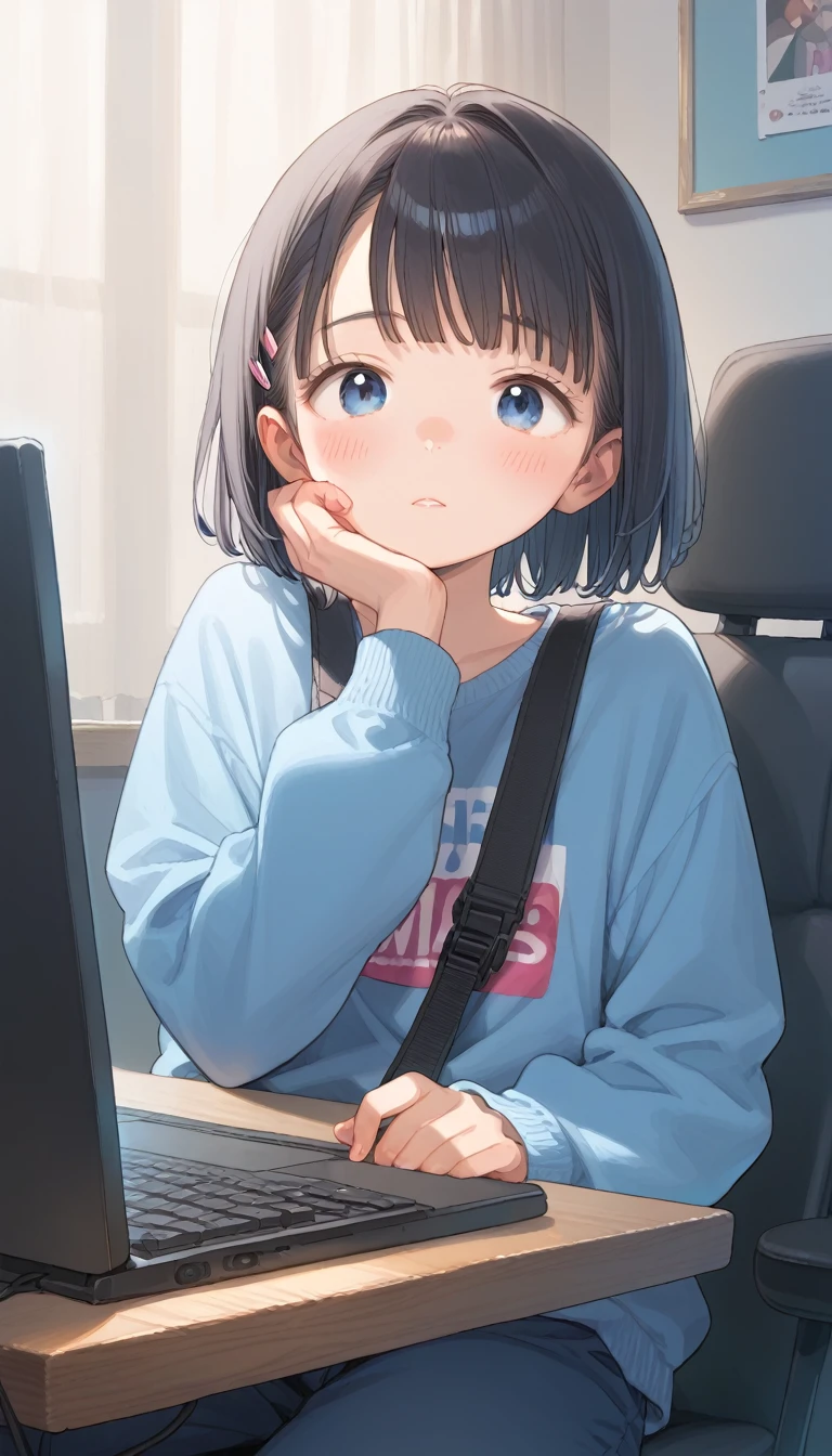 score_9, score_8_up, score_7_up, source_アニメ, (masterpiece), best quality, expressive eyes, perfect eyes, perfect face, best qualityer: 1.0), (super high resolution: 1.0),  アニメ, short black hair, blue colored eyes, sitting in front of the computer playing, background in the esports room,