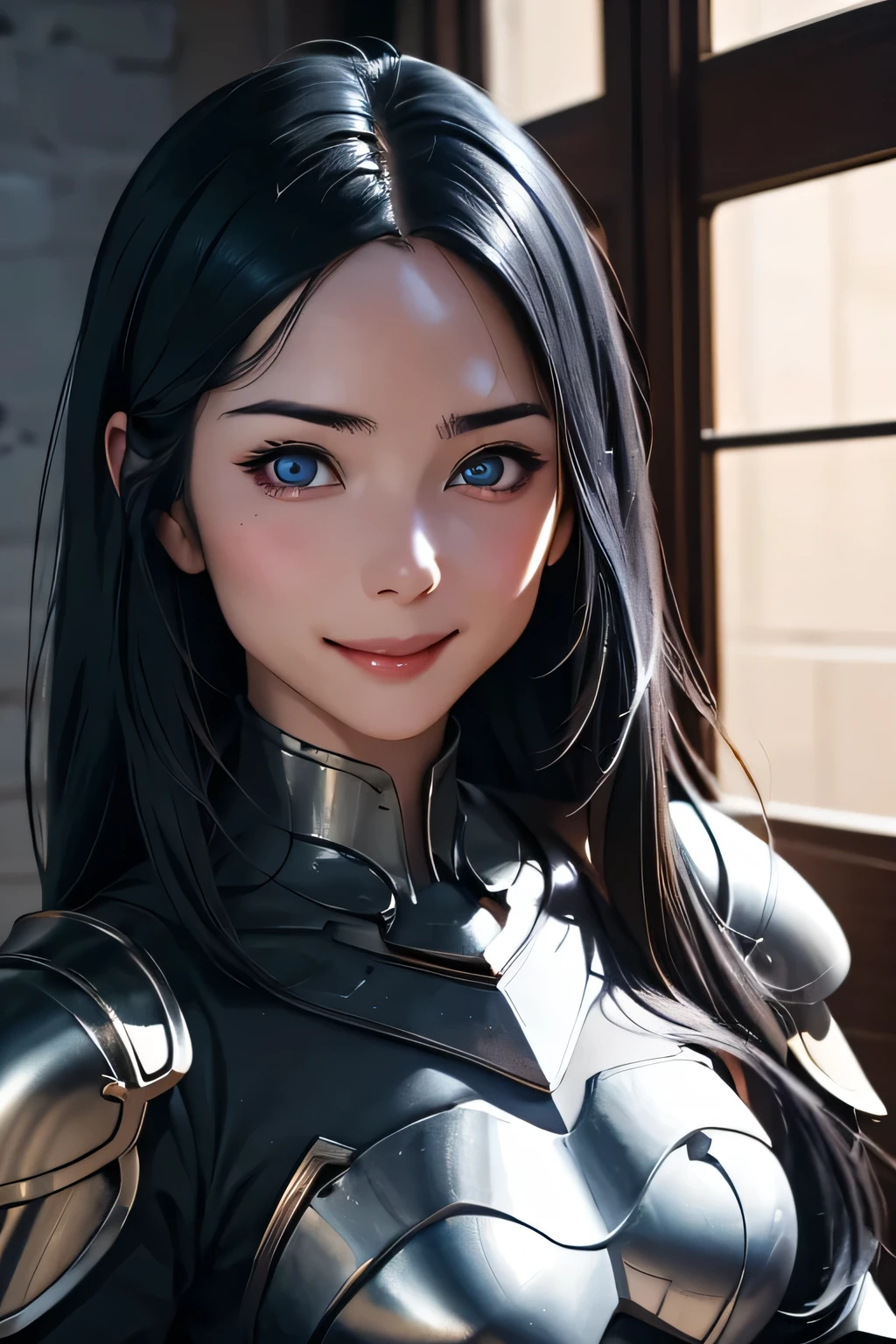 Highest quality　High resolution　Simple　Inside the Dark Castle　Long Bangs　Adult female　Beautiful girl in iron armor　Casual expression　cute　smile　Beautiful Eyes　One Woman　long side hair　Very black hair　Shiny long hair　Straight hair　Ahoge　cute目　Dungeons