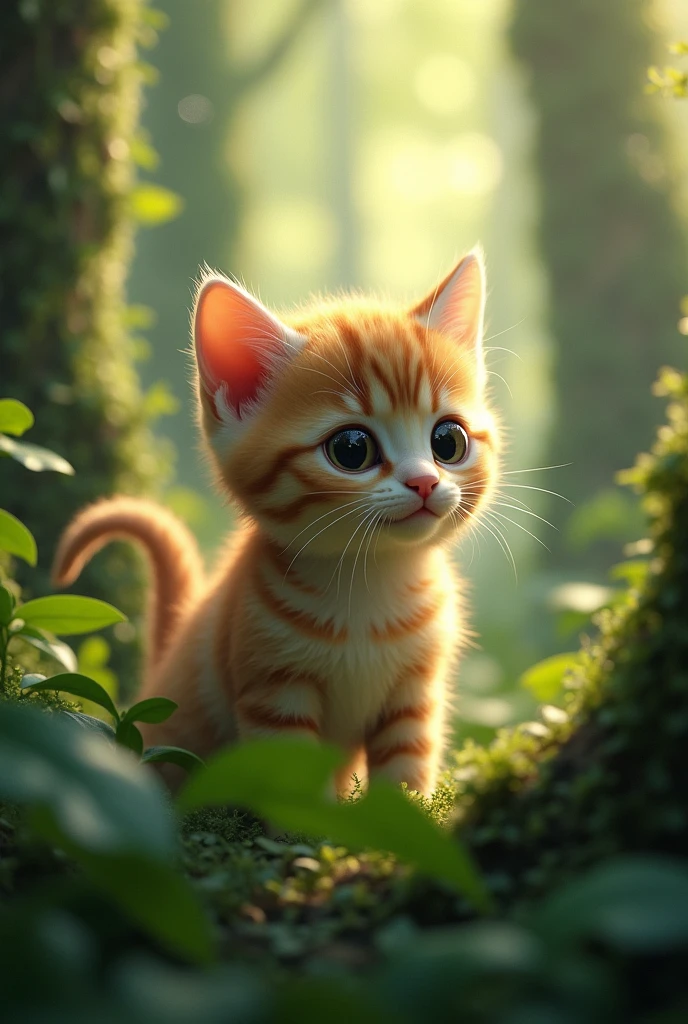 Cute close-up photo of a kitten lost in the woods., Soft volume lamp (backlight: 1.3), (Kinetics: 1.2), complicated details, ((A cat walks in the forest.))