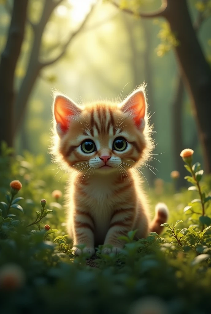 Cute close-up photo of a kitten lost in the woods., Soft volume lamp (backlight: 1.3), (Kinetics: 1.2), complicated details, ((A cat walks in the forest.))