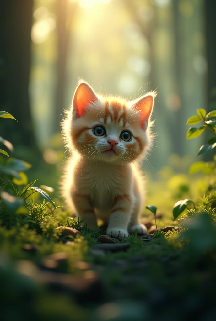 Cute close-up photo of a kitten lost in the woods., Soft volume lamp (backlight: 1.3), (Kinetics: 1.2), complicated details, ((A cat walks in the forest.))