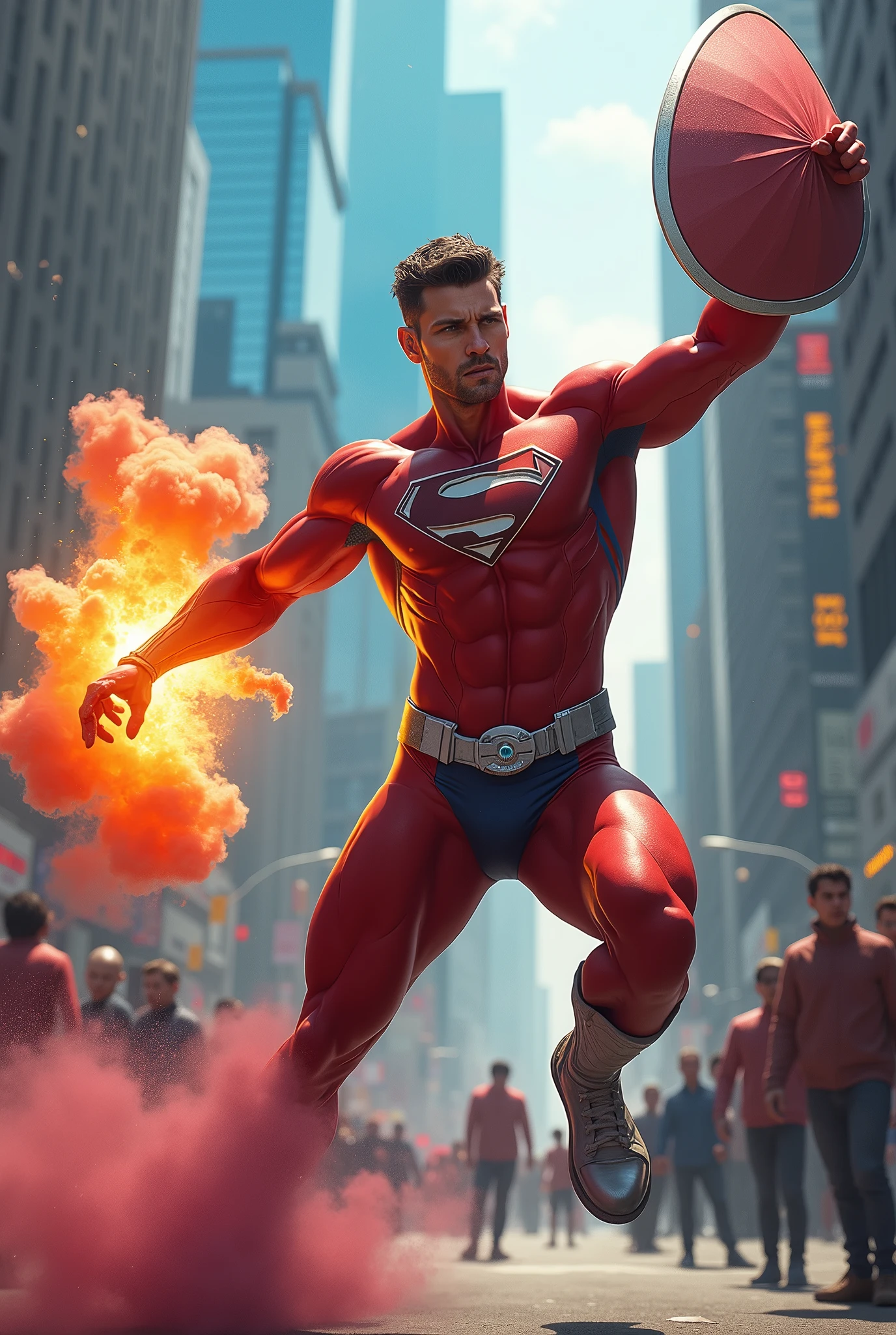 Create a new male superhero whose power is to throw smoke bombs at people to make them unique and have a shield to protect people.