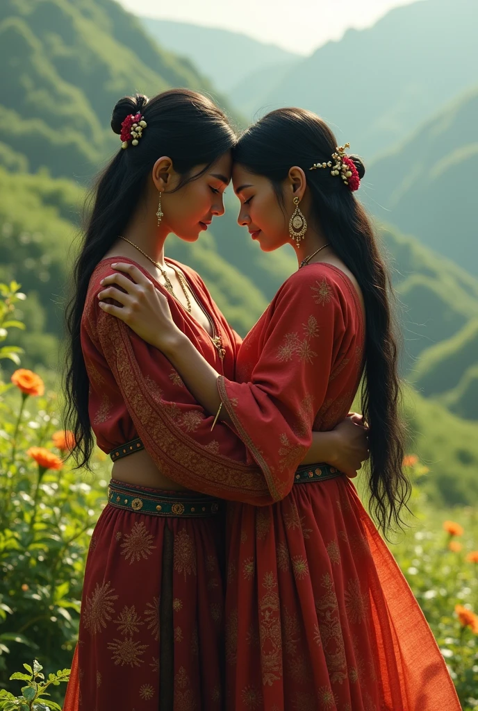 Nepali girl with Nepali boys kissing