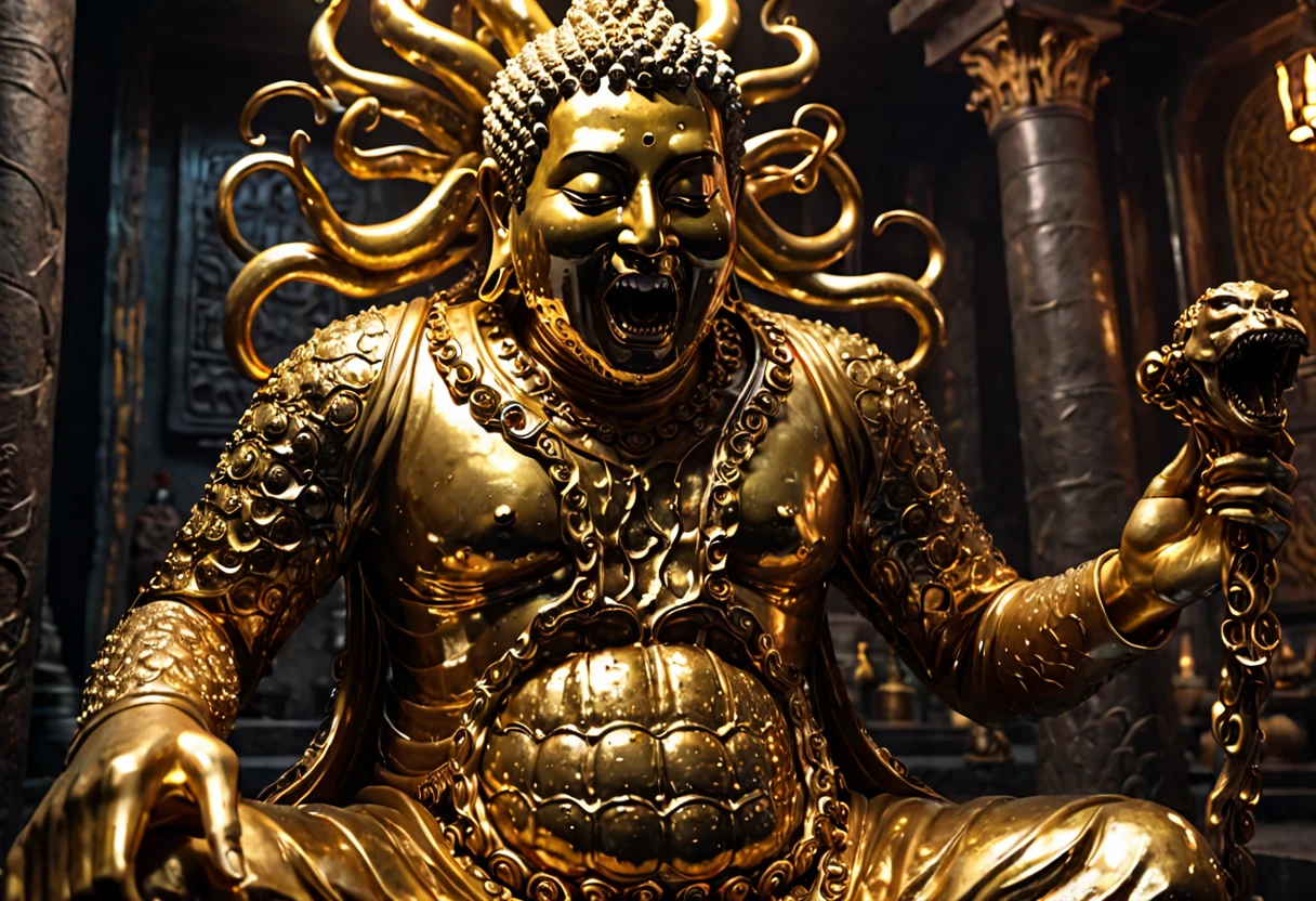 a deadly mimic transforming from an eldritch horror of tentacles and teeth back into a golden buddha statue, bones litter the surrounding dungeon, highly detailed, cinematic lighting, dark fantasy, muted colors, dramatic shadows, photorealistic, 8k, masterpiece