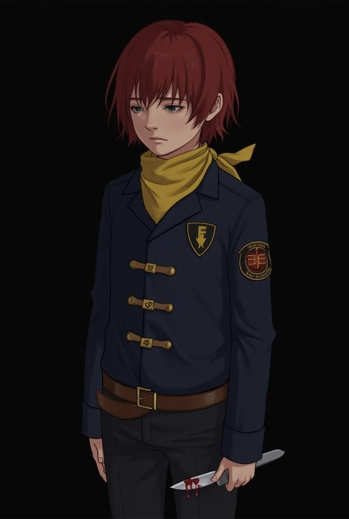 Dejected red-haired boy with short straight hair in a dark blue hunting uniform and a yellow bandana around his neck holding a knife with blood