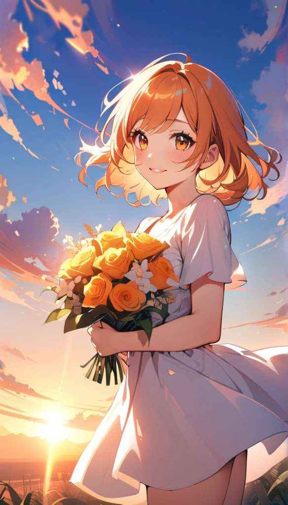 1girl,solo,orange medium hair, brown eyes, lips,cute,smile,hold a gorgeous bouquet,sunrise,brilliant sky