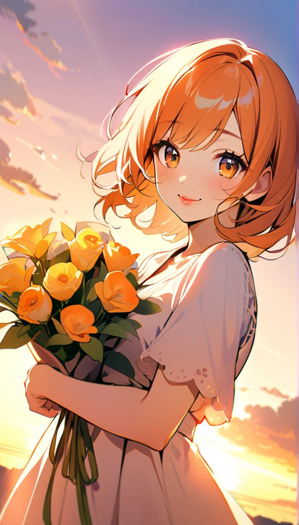 1girl,solo,orange medium hair, brown eyes, lips,cute,smile,hold a gorgeous bouquet,sunrise,brilliant sky