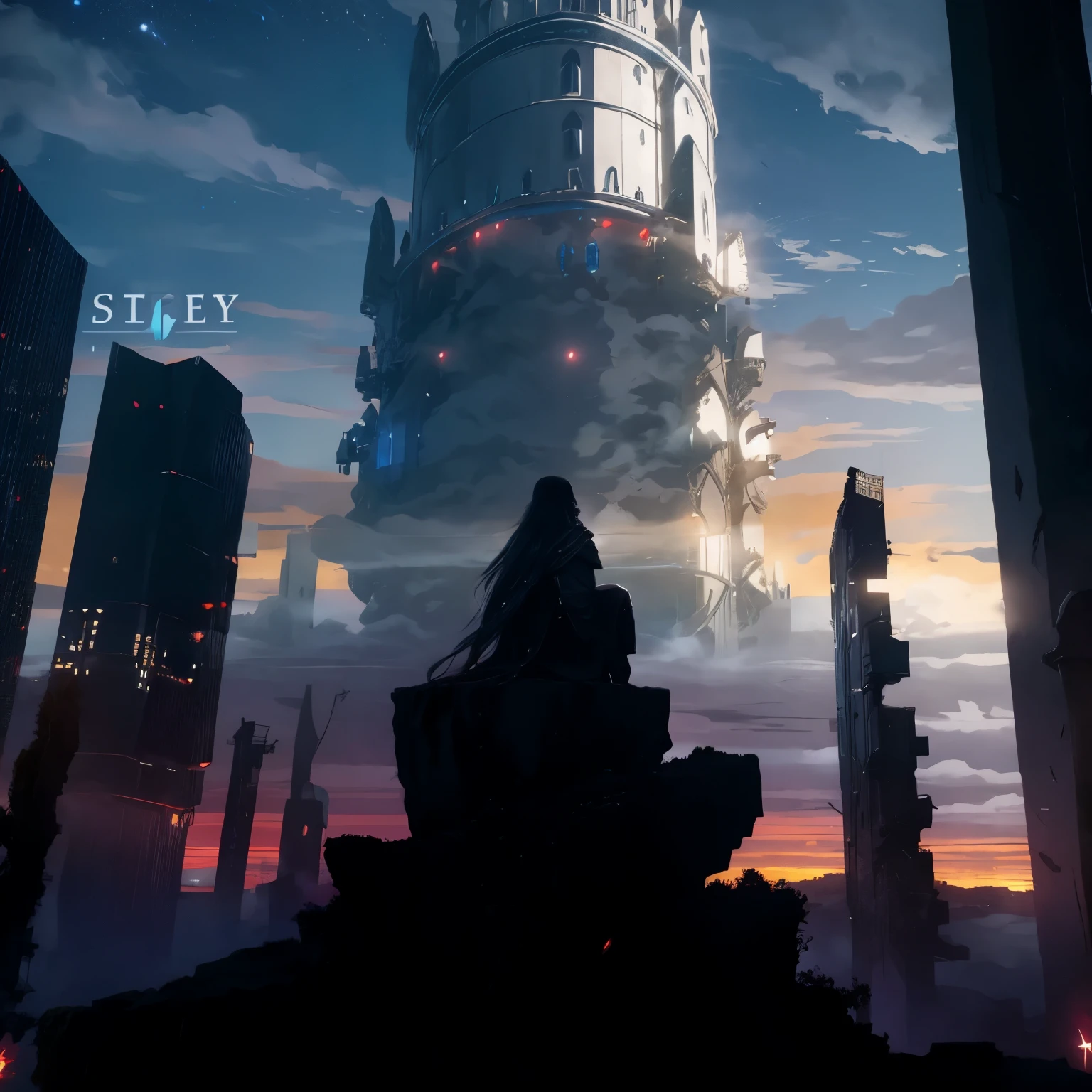 octans, sky, star (sky), scenery, starry sky, night, 1girl, night sky, solo, outdoors, building, cloud, milky way, sitting, tree, long hair, city, silhouette, cityscape, holy paladin, heavy armor