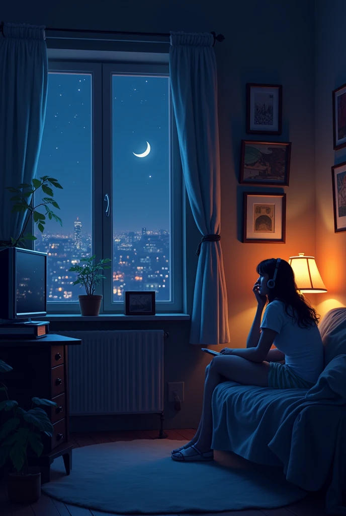 night、Listen to music in a cozy room, Use headphones, 2D-style animations, Lo-Fi, hard disk, Dark Environment