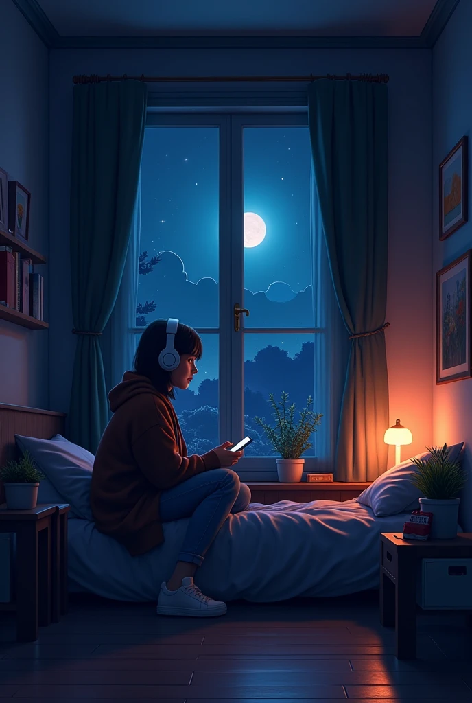 night、Listen to music in a cozy room, Use headphones, 2D-style animations, Lo-Fi, hard disk, Dark Environment