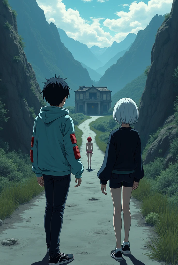 The image is anime style cowboy bebop and Darker than black with shadows and dim lights, anime style although somewhat adult and dark, It shows a rural road, where an old and destroyed building is located between the mountains, the view of the image is aerial. in the middle of a valley, where you can see mountains and a river below, on a vacant lot, very far, You can see an adult with black hair wearing a light blue jacket with red details, and black sneakers and an adult albino woman with short white hair wearing a black sweater and black minishorts, She has a big butt, He doesn't wear any more clothes, She is barefoot, Beautiful feet. both, They are standing at the other end of the road. On a very, very, very, very distant road, There is a naked red-haired adult woman standing there with a single horn on her head, She wears her hair in a big braid.