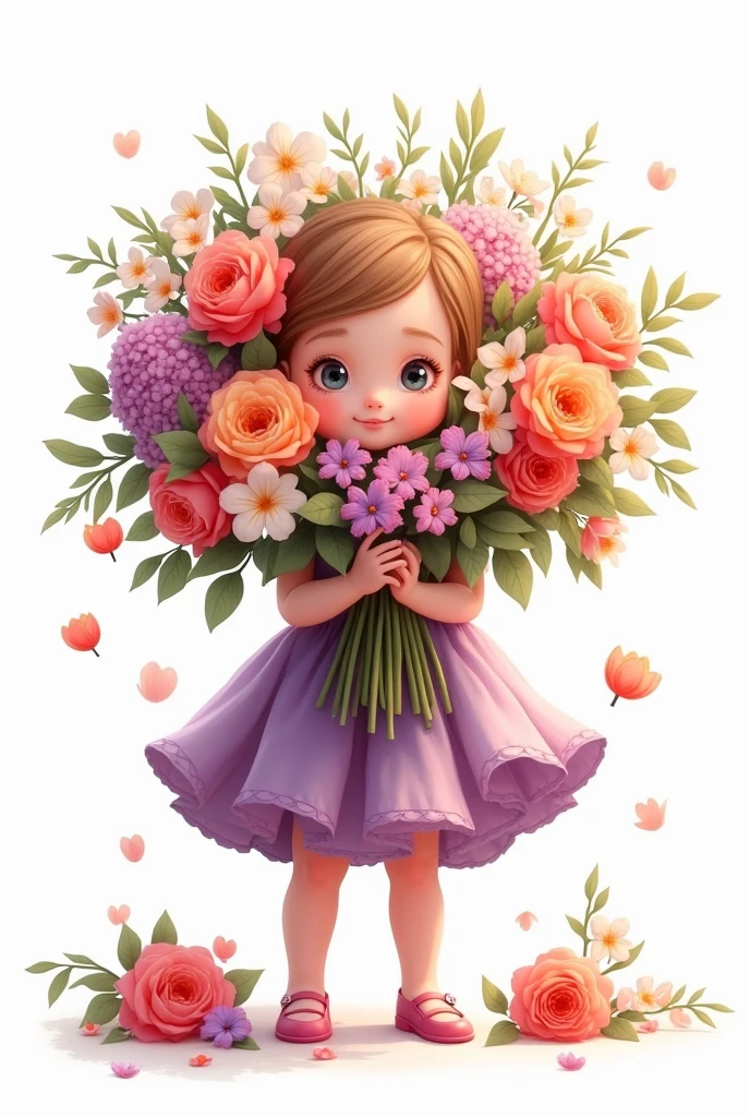 white background,baby girl standing,wearing beautiful party frock,purple shade full frill frock,she holding large bunch of flowers,hard to hold that heavy flower bunch,some flowers are fell down,nice smiling Sophia face,hide half face of flowers