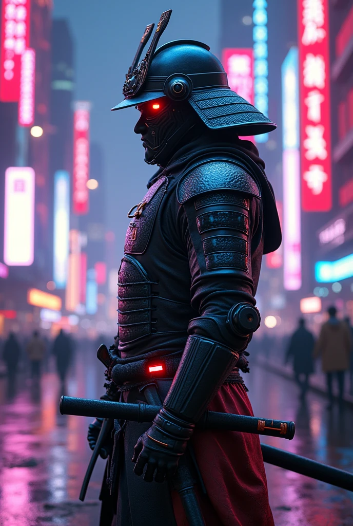 {
  "prompt": "A futuristic samurai in a neon-lit city, holding a glowing katana. The character's armor is sleek, with sharp edges and metallic textures, glowing softly with an inner light that matches the city’s vibrant skyline."
}