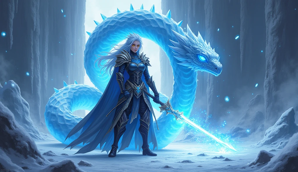 Cryo Claymore user with long, spiky icy blue hair and golden eyes. She stands confidently at the entrance to the frozen dungeon of Dragonspine., holding a glowing, ice claymore. She is dressed in dark armor with silver and blue accents., and a torn cloak, fluttering in the icy wind. Lucius writhes around her., a huge ice snake with glowing blue eyes. Jagged ice formations and a storm are visible in the background., snowy sky. A cold blue light illuminates Callisto and Lucius, with shining cryo-crystals, adding a magical effect.