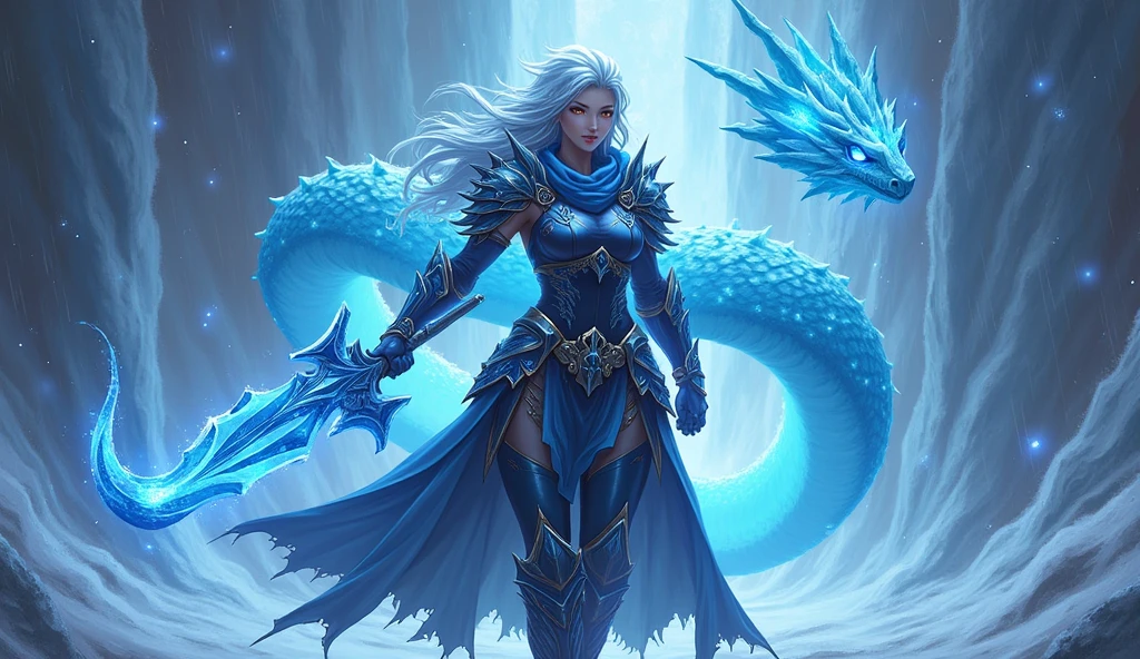 Cryo Claymore user with long, spiky icy blue hair and golden eyes. She stands confidently at the entrance to the frozen dungeon of Dragonspine., holding a glowing, ice claymore. She is dressed in dark armor with silver and blue accents., and a torn cloak, fluttering in the icy wind. Lucius writhes around her., a huge ice snake with glowing blue eyes. Jagged ice formations and a storm are visible in the background., snowy sky. A cold blue light illuminates Callisto and Lucius, with shining cryo-crystals, adding a magical effect.