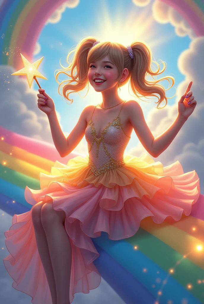 A Goddess of rainbow , laughing with a pigtails rainbow ,holding her magic wand , and a beautiful dress inspired in rainbow , she's also sitting in a rainbow