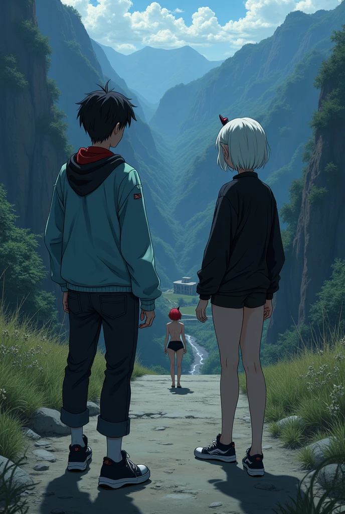 The image is anime style cowboy bebop and Darker than black with shadows and dim lights, anime style although somewhat adult and dark, It shows a rural road, where an old and destroyed building is located between the mountains, the view of the image is aerial. in the middle of a valley, where you can see mountains and a river below, on a vacant lot, very far, You can see an adult with black hair wearing a light blue jacket with red details, and black sneakers and an adult albino woman with short white hair wearing a black sweater and black minishorts, She has a big butt, He doesn't wear any more clothes, She is barefoot, Beautiful feet. both, They are standing at the other end of the road. On a very, very, very, very distant road, There is a naked red-haired adult woman standing there with a single horn on her head, She wears her hair in a big braid.