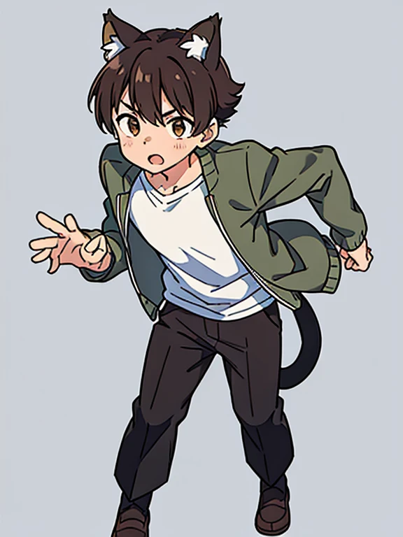 1boy, close mouth, short hair, brown hair, brown eyes, NEKOMIMI, cat tail, white T shirt, gray jacket, black pants, put hands on body, standing, full body, green background, close mouth,