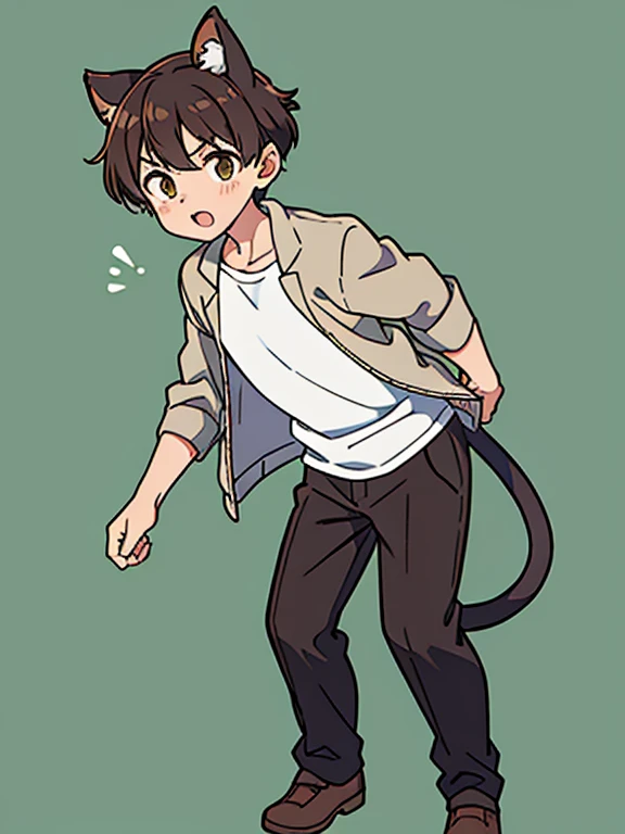 1boy, close mouth, short hair, brown hair, brown eyes, NEKOMIMI, cat tail, white T shirt, gray jacket, black pants, put hands on body, standing, full body, green background, close mouth,