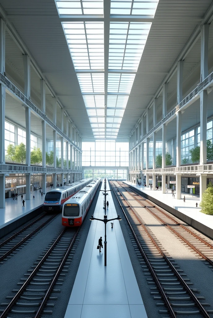 "Design a detailed 3D railway station with a modern architectural style. Include a spacious main hall with high ceilings, large glass windows, and sleek metal supports. Incorporate multiple tracks and platforms with realistic train models. Add features like digital departure boards, ticket counters, seating areas, and shops. Ensure the station has a clean and organized layout, with clear signage and a well-lit environment. Consider adding outdoor elements such as a landscaped plaza and access roads."